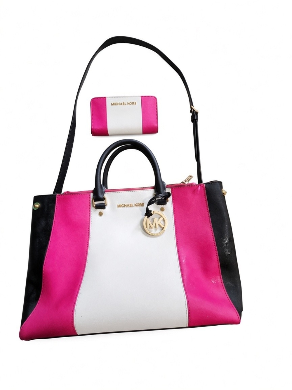 Michael Kors Pink White Black Colorblock Satchel and Matching Wallet